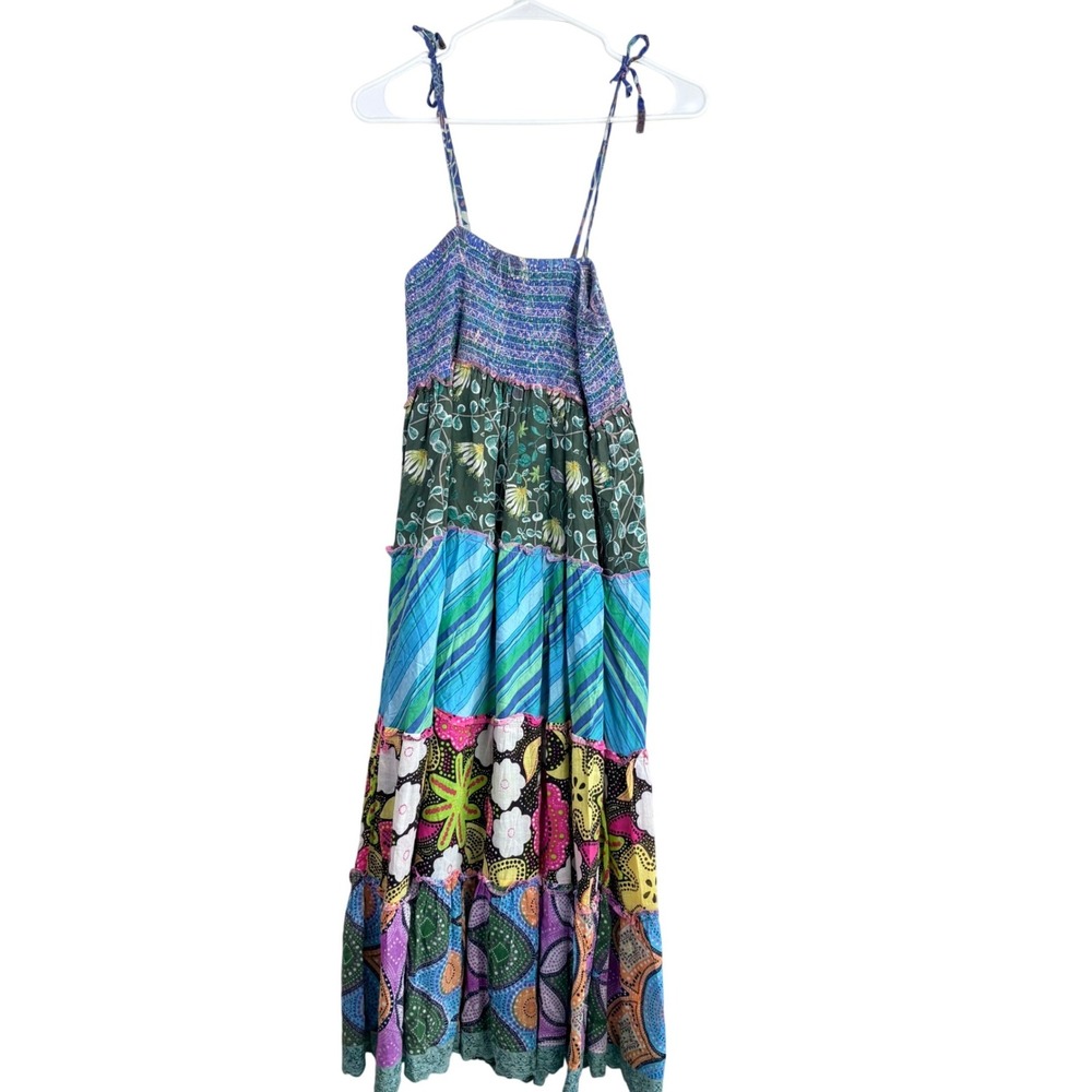 Ophelia for FC M Multicolor Cotton Patchwork Smocked Tiered Maxi Sun Dress Boho
